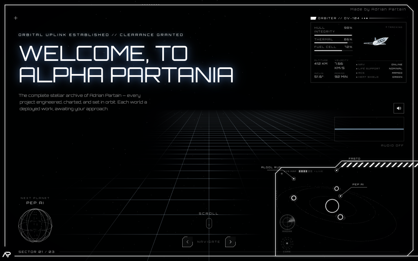 AlphaPartania: a 3D portfolio welcome screen with projects as orbiting planets.