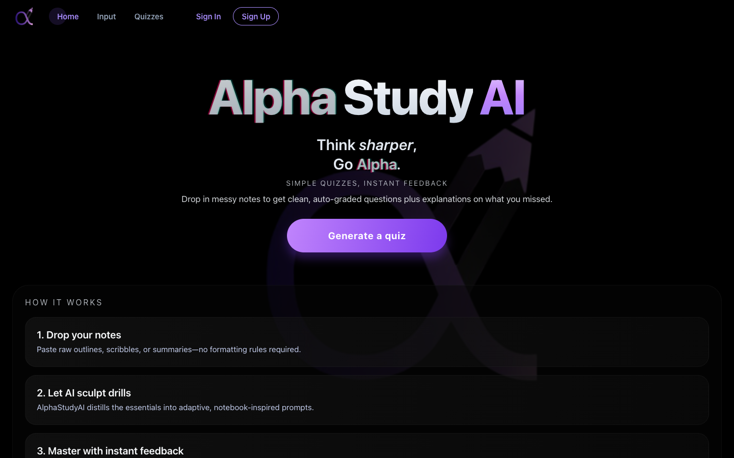 AlphaStudyAI: the landing page with a Generate a quiz button.