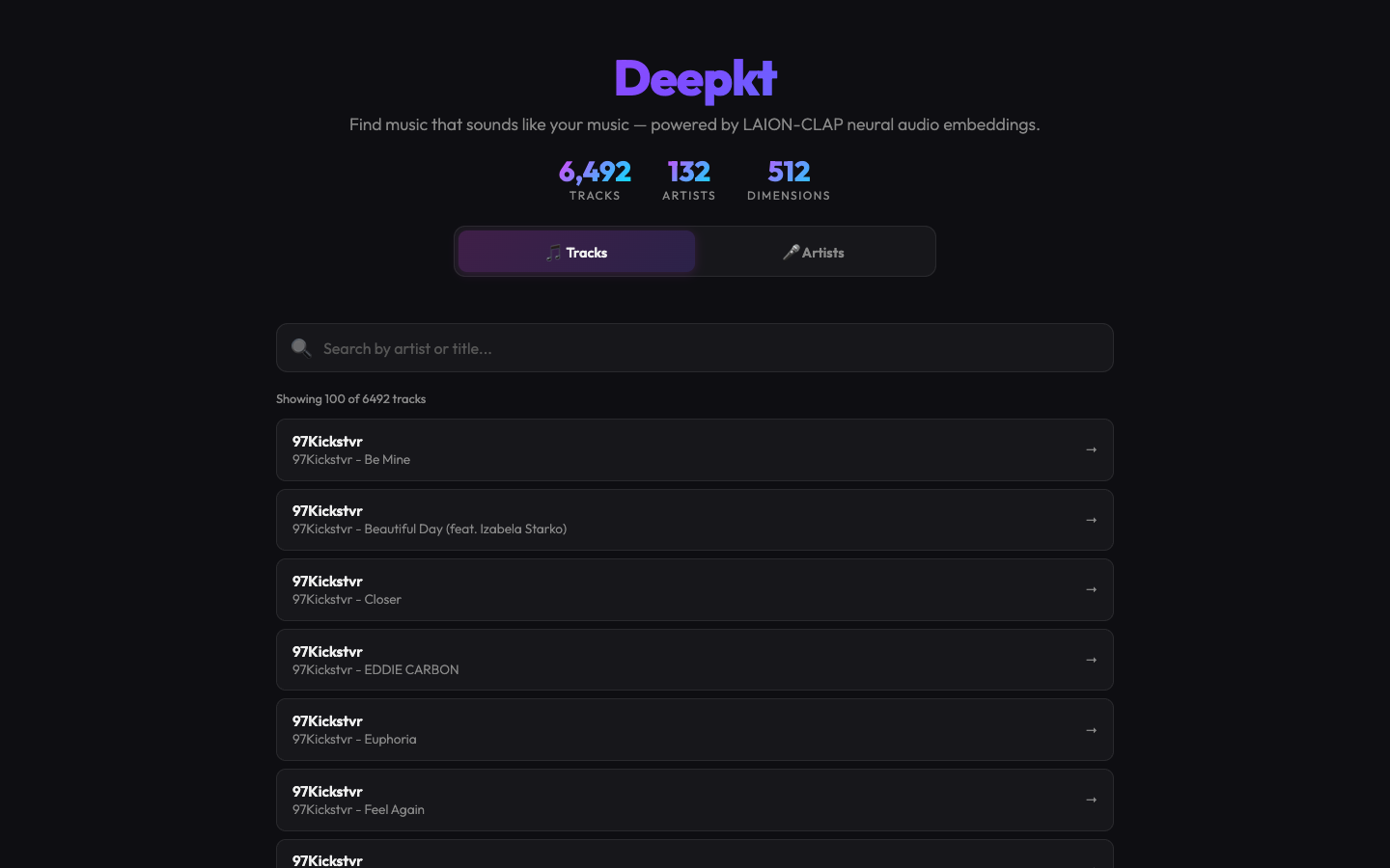 Deepkt: search across 6,492 tracks with a list of sound-alike results.