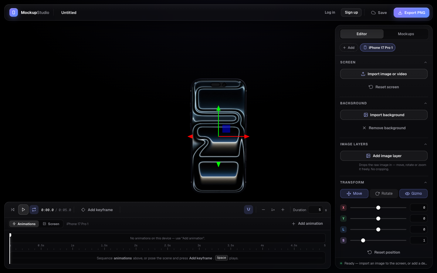 Mockup Studio: a 3D iPhone posed in the editor, with transform handles and a timeline.