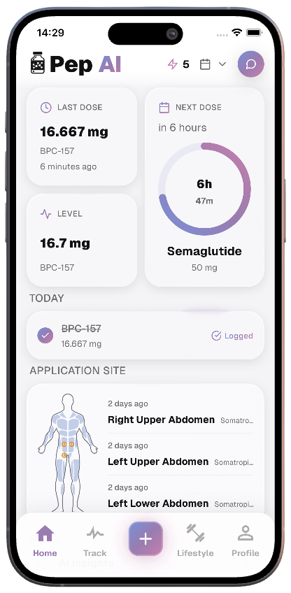 Pep AI on iPhone: the home screen with last dose, a next-dose ring and today's log.