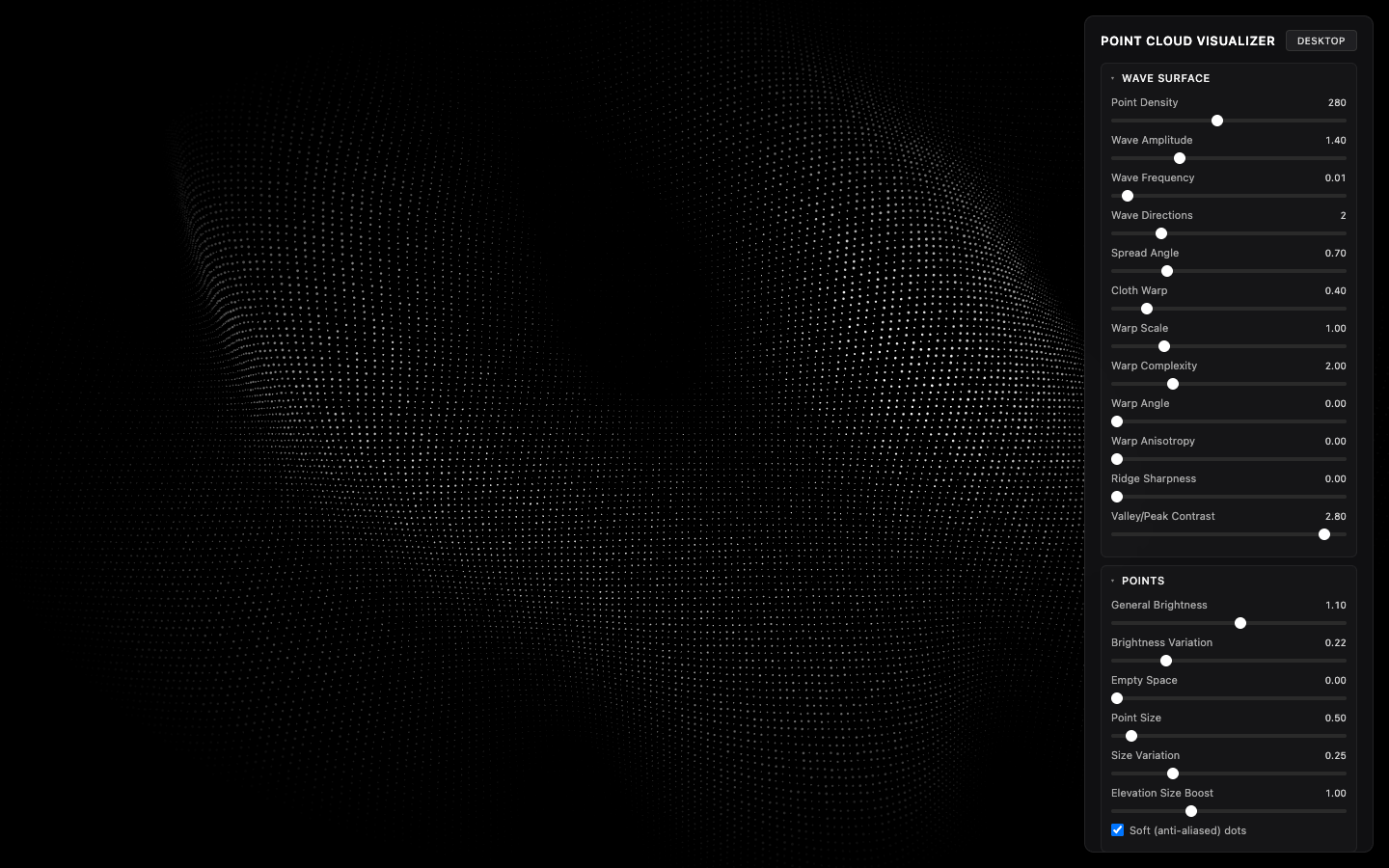 Point Cloud Visualizer: a white point-cloud wave on black with a panel of sliders.